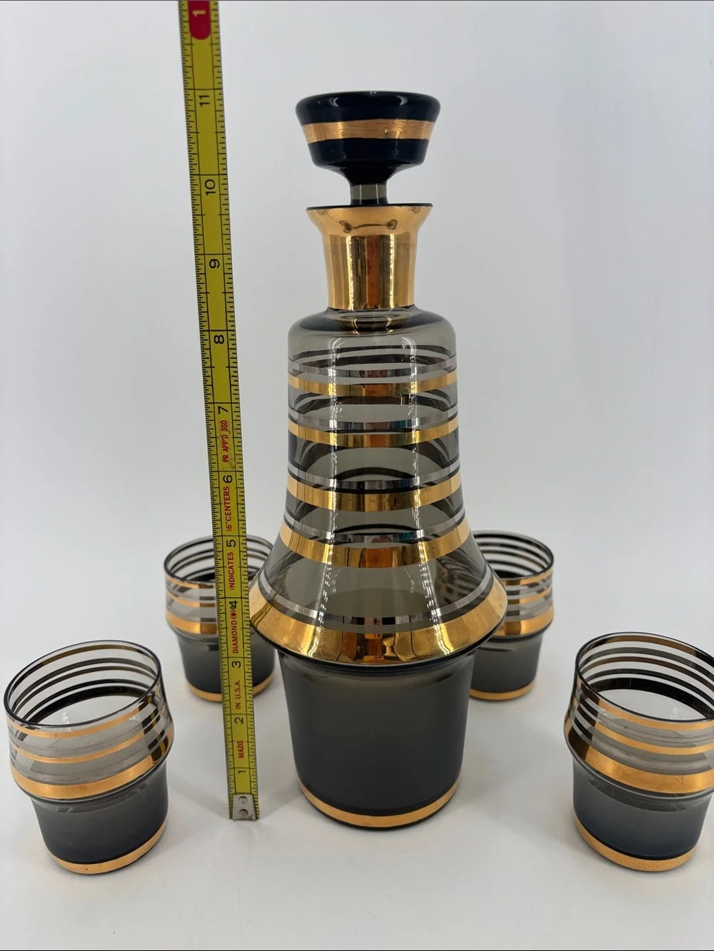 Vintage mid-century modern smoky glass decanter bar ware set
